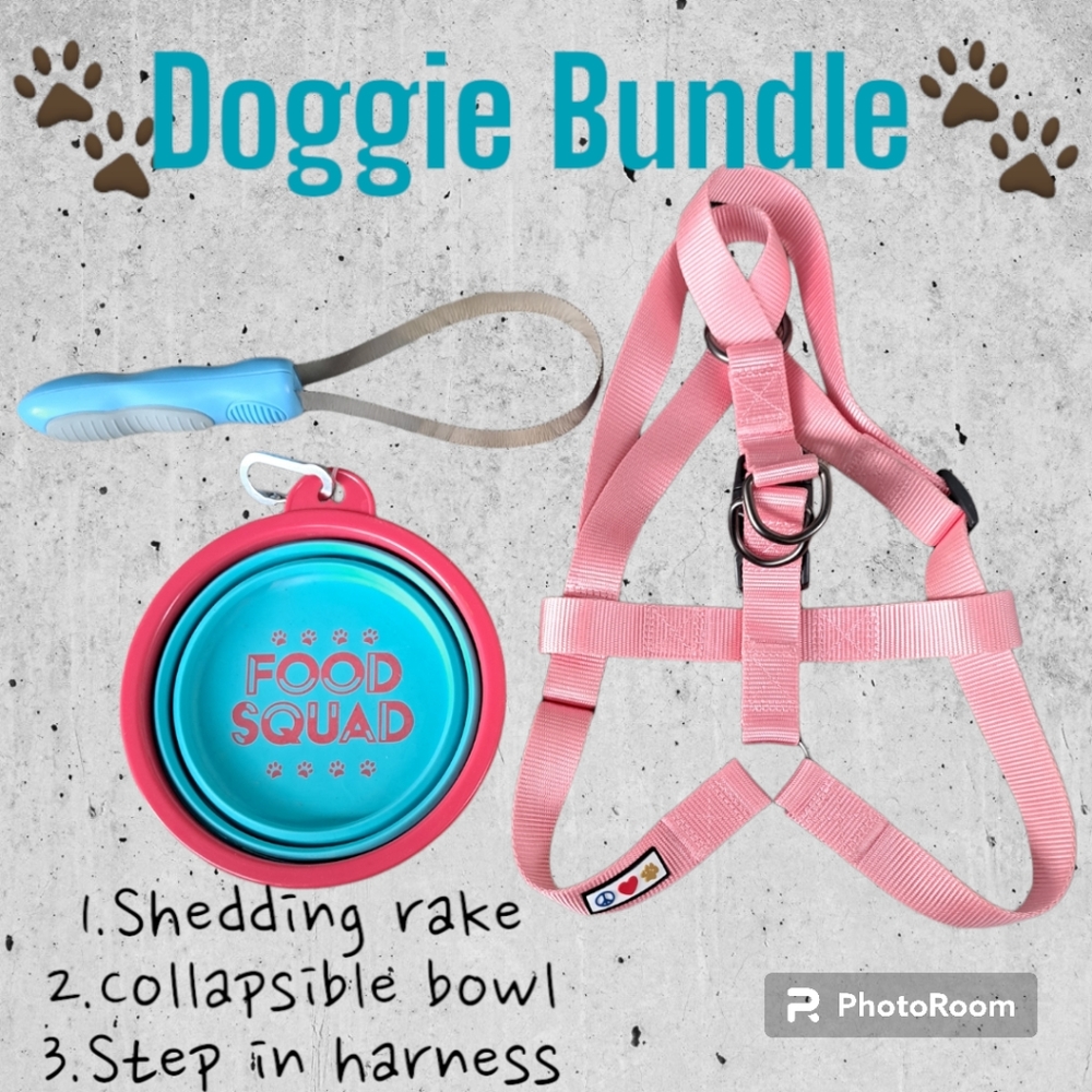 NEW Dog PET 3pc Lot! Harness, Shed Comb, Travel Bowl by Animal Planet & Pawtitas